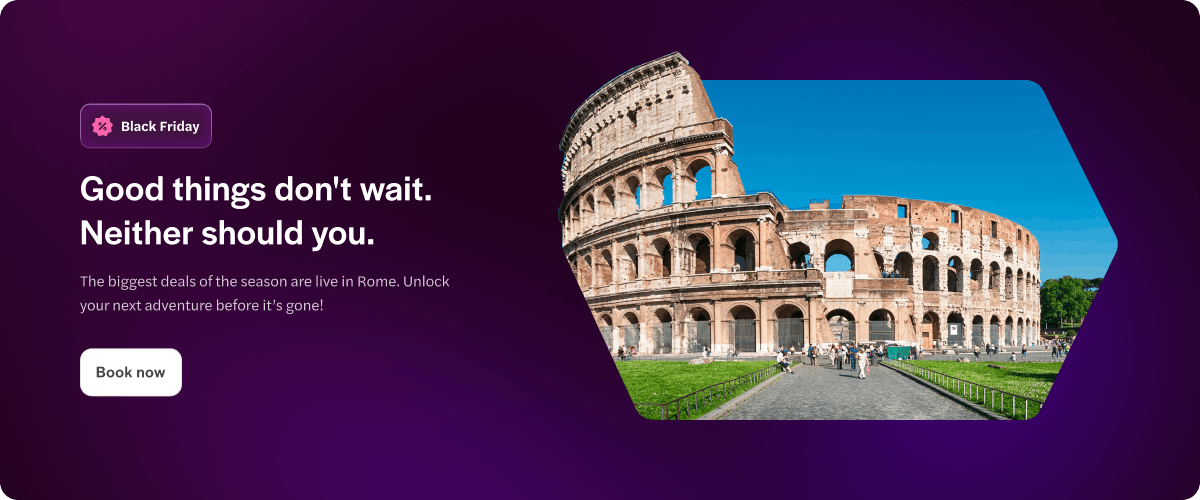 Colosseum in Rome with Black Friday promo text.
